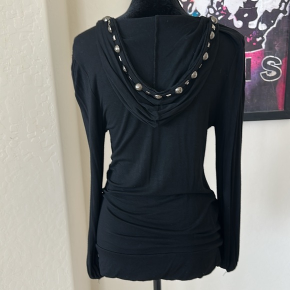 Sexy Black Studded Deep V-Neck Hoodie By Rain Size Large - Picture 7 of 11
